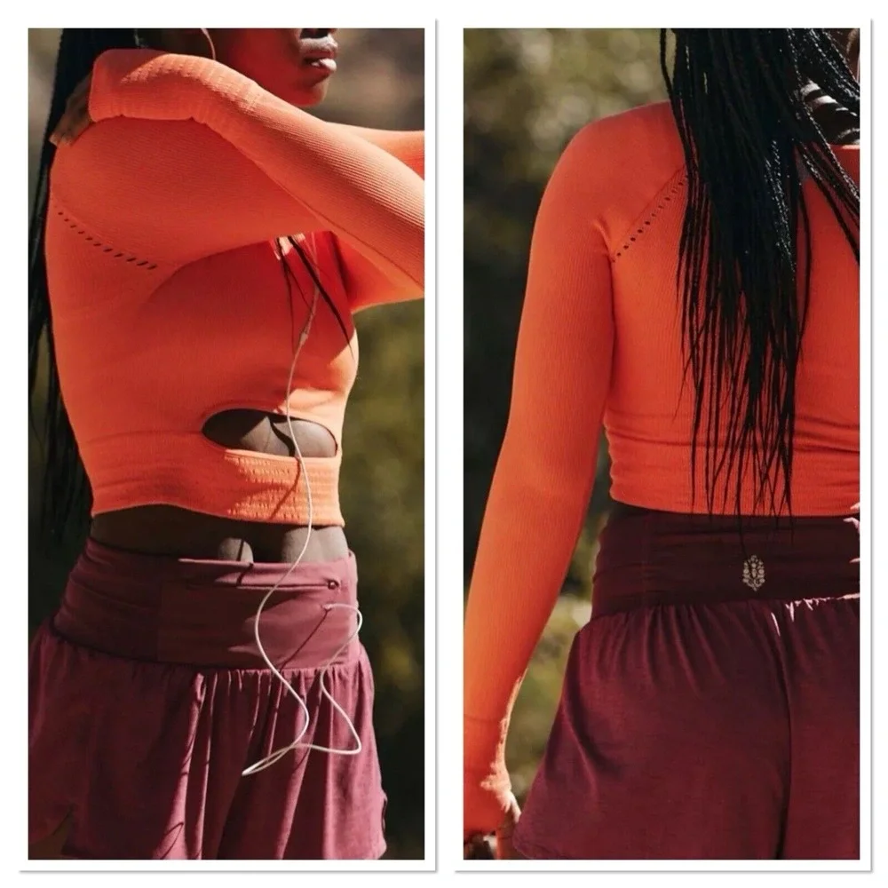 Free People Movement‎ Cut It Out Long Sleeve Crop Top Neon Orange Size XS/S